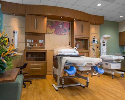 朱庇特医疗中心产程、分娩和康复室的内景. 产床和婴儿床.
